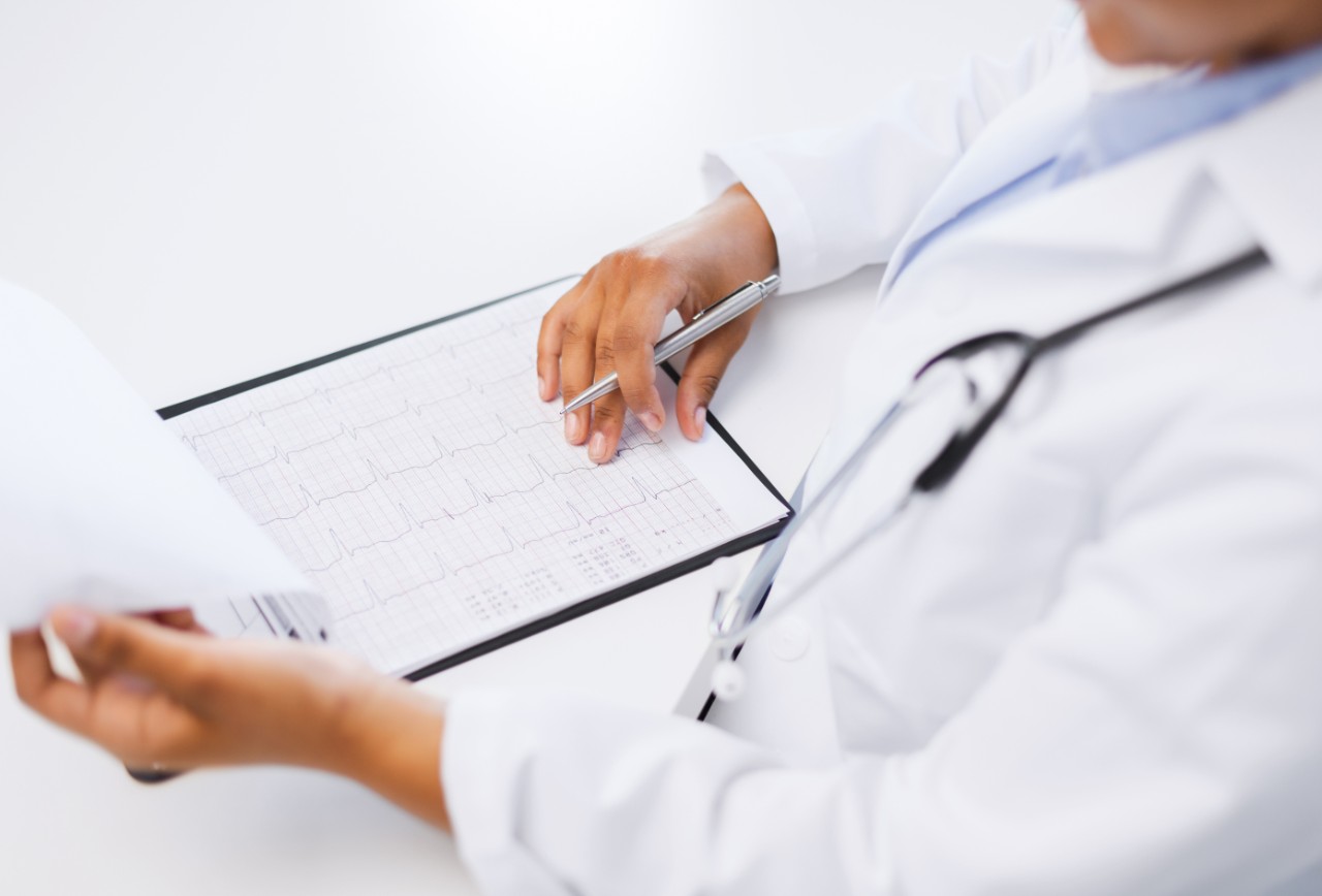 healthcare and medical concept - female doctor hands studies cardiogram holding pen